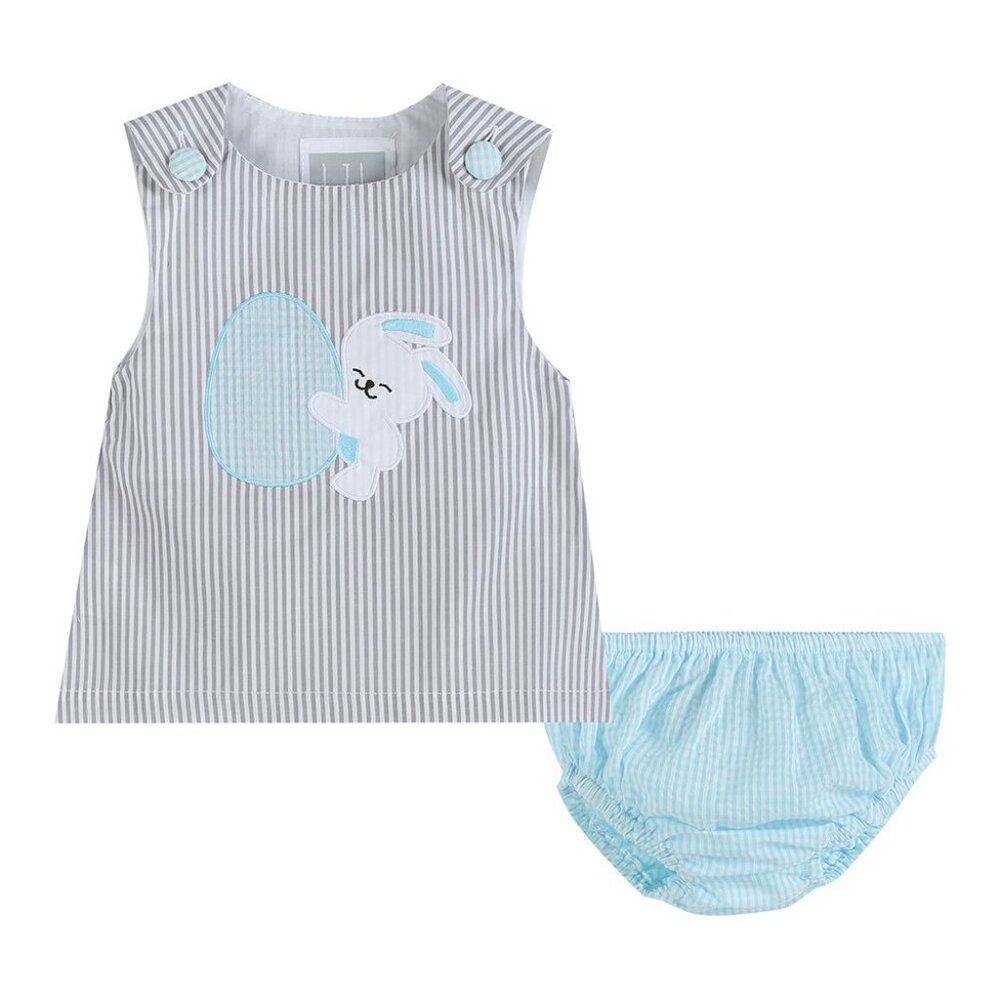 Lil Cactus Baby Girl Gray Striped Easter Bunny & Egg Top & Bloomer Set NEW